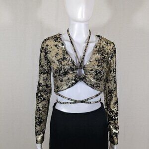 Meraki Metallic Gold & Black Wrap Tie Top, Women's Size Medium